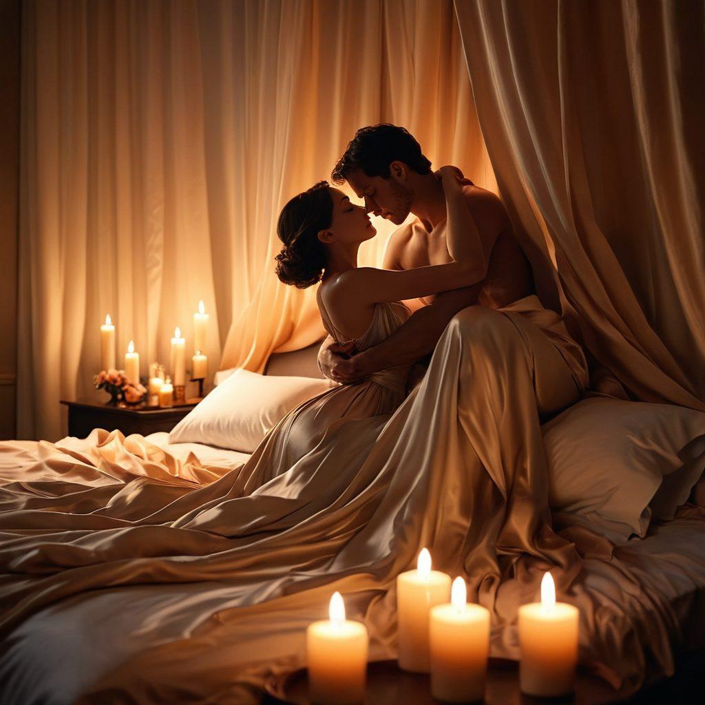 A captivating and sensual scene featuring a tastefully intimate setting with soft lighting, silk sheets, and dimly lit candles. Include silhouettes of a couple sharing an embrace, symbolizing connection and allure, while artistic elements like flowing fabric and delicate flowers add to the erotic ambiance. Ensure the atmosphere is inviting yet sophisticated, evoking curiosity and warmth. super-realistic. warm colors. soft focus.